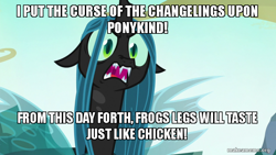 Size: 800x450 | Tagged: safe, edit, edited screencap, imported from derpibooru, screencap, queen chrysalis, changeling, changeling queen, to where and back again, dave the barbarian, female, image macro, makeameme.org, meme, solo