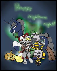 Size: 838x1042 | Tagged: safe, artist:cantershirecommons, imported from derpibooru, oc, oc only, oc:humble pie, oc:saros, oc:tehir, bee, pony, zebra, bipedal, clothes, costume, fantasy class, knight, nightmare night, size difference, warrior