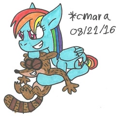 Size: 628x601 | Tagged: safe, artist:cmara, imported from derpibooru, rainbow dash, crossover, regular show, rigby, traditional art