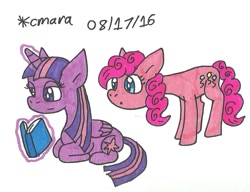 Size: 904x695 | Tagged: safe, artist:cmara, imported from derpibooru, pinkie pie, twilight sparkle, alicorn, pony, book, glowing horn, levitation, magic, telekinesis, traditional art, twilight sparkle (alicorn)