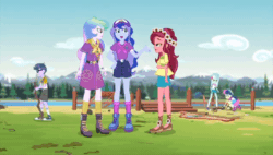 Size: 636x360 | Tagged: safe, imported from derpibooru, screencap, alizarin bubblegum, apple bloom, bon bon, brawly beats, bright idea, celery stalk, cherry crash, citrus drops, cloudy kicks, crimson napalm, crystal lullaby, curly winds, frosty orange, garden grove, gloriosa daisy, heath burns, indigo zap, lemon zest, lemonade blues, lyra heartstrings, marco dafoy, melon mint, microchips, mystery mint, orange sherbette, pepper twist, peter bread, princess celestia, princess luna, quark fusion, ringo, roseluck, scootaloo, scribble dee, some blue guy, sour sweet, sugarcoat, sunny flare, sweet leaf, sweetie belle, tennis match, thunderbass, track starr, varsity trim, velvet sky, wiz kid, equestria girls, legend of everfree, legend of everfree - bloopers, animated, animated actors, blooper, boots, camp everfree logo, camp everfree outfits, cap, clothes, converse, cute, cutie mark crusaders, gif, hat, hiccup, hiccups, legs, lunabetes, principal celestia, sash, scarf, shoes, shorts, sneakers, socks, vice principal luna