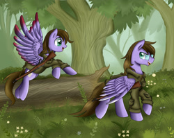 Size: 3409x2712 | Tagged: safe, artist:pridark, imported from derpibooru, oc, oc only, oc:lightning dancer, oc:thunder chaser, pegasus, pony, clothes, flying, forest, gun, military uniform, nature, noctral legacy, open mouth, rifle, siblings, smiling, soldier, spread wings, uniform, weapon