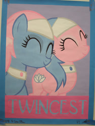 Size: 2112x2816 | Tagged: safe, artist:iceroadlion, imported from derpibooru, aloe, lotus blossom, earth pony, pony, eyes closed, female, implied incest, incest, lesbian, mare, painting, poster, shipping, smiling, spa twins, spacest, twincest, twins