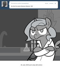 Size: 666x809 | Tagged: safe, artist:egophiliac, imported from derpibooru, princess luna, moonstuck, clothes, female, filly, lab coat, monochrome, science woona, solo, unamused, woona, younger