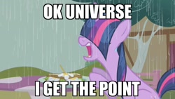 Size: 1280x720 | Tagged: safe, edit, edited screencap, imported from derpibooru, screencap, twilight sparkle, pony, unicorn, the ticket master, bangs, daffodil and daisy sandwich, female, food, hair over eyes, image macro, mare, meme, open mouth, rain, sandwich, skylanders, skylanders academy, solo, unicorn twilight, wet mane