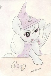 Size: 688x1019 | Tagged: safe, artist:slightlyshade, imported from derpibooru, trixie, pony, unicorn, cape, clothes, female, hat, mare, needle, sewing, solo, thread, traditional art