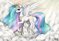 Size: 3508x2480 | Tagged: safe, artist:cvanilda, imported from derpibooru, princess celestia, alicorn, pony, cloud, crepuscular rays, female, flying, sky, solo