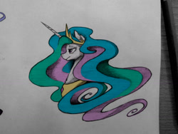 Size: 1632x1224 | Tagged: safe, artist:danton-y17, imported from derpibooru, princess celestia, alicorn, pony, bust, crown, female, jewelry, lidded eyes, mare, peytral, portrait, regalia, simple background, solo, traditional art