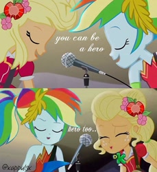 Size: 750x818 | Tagged: safe, artist:@xappulsx, edit, edited screencap, imported from derpibooru, screencap, applejack, rainbow dash, equestria girls, legend of everfree, clothes, discovery kids, eyes closed, female, legend you were meant to be, microphone, open mouth