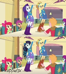 Size: 750x832 | Tagged: safe, artist:@xappulsx, edit, edited screencap, imported from derpibooru, screencap, apple bloom, applejack, big macintosh, coloratura, rarity, scootaloo, sweetie belle, equestria girls, equestria girls (movie), boots, clothes, cowboy boots, cutie mark crusaders, helping twilight win the crown, high heel boots, legs, male, rara, rara boots, rara rain boots, rara rubber boots, rarity elegant pose, rubber boots, shoes