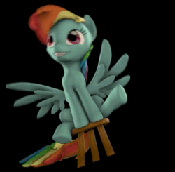 Size: 603x590 | Tagged: safe, artist:argodaemon, imported from derpibooru, rainbow dash, pegasus, pony, testing testing 1-2-3, 3d, animated, chair, cute, dashabetes, female, gif, mare, perfect loop, scene interpretation, sitting, smiling, solo, source filmmaker, spread wings, stool, stooldash