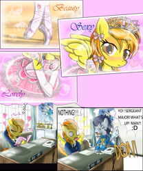 Size: 5000x6000 | Tagged: safe, artist:avchonline, imported from derpibooru, fleur-de-lis, soarin', spitfire, pony, semi-anthro, :3, ><, >w<, absurd resolution, arm hooves, ballerina, ballet slippers, bipedal, blushing, bow, canterlot royal ballet academy, clothes, comic, comic book, daydream, desk, dress, embarrassed, engrish in the description, evening gloves, eyes closed, eyeshadow, gloves, japanese, jewelry, makeup, my melody, phone, poster, sanrio, shocked, spitfire's office, spittyrina, spread wings, stockings, surprised, thought bubble, tiara, tomboy taming, tutu, uniform, wingboner, wonderbolts dress uniform, wonderbolts poster, wonderbolts uniform