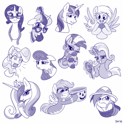 Size: 1200x1204 | Tagged: safe, artist:sorcerushorserus, imported from derpibooru, daring do, derpy hooves, moondancer, octavia melody, princess cadance, rarity, scootaloo, shining armor, trixie, vapor trail, zecora, alicorn, earth pony, pegasus, pony, unicorn, zebra, angry, annoyed, bedroom eyes, blushing, bound, bowtie, bucket, bust, clothes, crying, cute, food, frown, glasses, halloween, halloween costume, levitation, lidded eyes, lineart, liquid pride, looking at you, magic, measuring tape, mirror, monochrome, muffin, open mouth, portrait, rope, shout, shy, simple background, sleepy, smiling, telekinesis, that pony sure does love muffins, tied up, white background, wide eyes, wonderbolts uniform