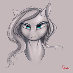 Size: 1000x1000 | Tagged: safe, artist:miokomata, imported from derpibooru, fluttershy, bust, female, frown, glare, looking at you, portrait, serious face, simple background, solo, unamused