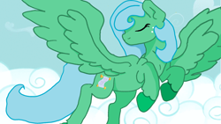 Size: 1600x900 | Tagged: safe, artist:vorian caverns, imported from derpibooru, oc, oc only, oc:anime pony, oc:ms anime pony, pegasus, pony, cloud, cutie mark, eyes closed, flying, freckles, sky, solo