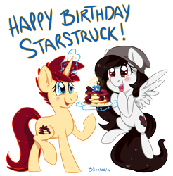 Size: 1644x1674 | Tagged: safe, artist:bloodorangepancakes, imported from derpibooru, oc, oc only, oc:ruby pancakes, oc:starstruck symphony, pegasus, pony, unicorn, birthday, food, pancakes