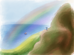 Size: 2048x1536 | Tagged: safe, artist:stuflox, imported from derpibooru, rainbow dash, boat, female, island, ocean, rainbow, solo