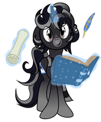 Size: 2354x2827 | Tagged: safe, artist:avarick, imported from derpibooru, oc, oc only, oc:mythical spell, pony, unicorn, book, clothes, looking at you, magic, quill, scarf, scroll, simple background, smiling, solo, transparent background