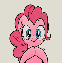 Size: 319x326 | Tagged: safe, artist:pencils, edit, imported from derpibooru, pinkie pie, earth pony, pony, bust, c:, cropped, cute, diapinkes, female, gray background, hooves together, looking at you, mare, portrait, rubbing hooves, simple background, smiling, solo