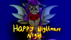 Size: 1280x720 | Tagged: safe, artist:jbond, imported from derpibooru, fluttershy, bat pony, pony, cute, female, flutterbat, flying, halloween, holiday, looking at you, mouth hold, nightmare night, postcard, pumpkin bucket, race swap, shyabates, shyabetes, solo, text