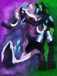 Size: 1024x1365 | Tagged: safe, artist:asinglepetal, imported from derpibooru, nightmare rarity, oc, anthro, changeling, unguligrade anthro, clothes, crown, dancing, dress, jewelry, looking at each other, male, regalia, shipping, smiling, straight