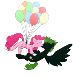 Size: 1505x1605 | Tagged: safe, artist:sisirr, imported from derpibooru, pinkie pie, oc, oc:boker horizon, balloon, canon x oc, kissing, then watch her balloons lift her up to the sky