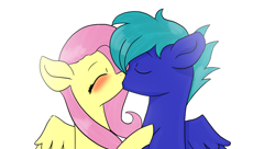 Size: 3332x1806 | Tagged: safe, artist:sisirr, imported from derpibooru, fluttershy, oc, oc:lightning bolt, pegasus, pony, canon x oc, flutterbolt, kissing, shipping