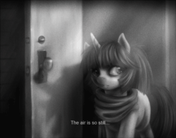Size: 750x589 | Tagged: safe, artist:ventious, imported from derpibooru, oc, oc only, oc:lumi, pony, unicorn, animated, clothes, diary of lumi, gif, grayscale, monochrome, scarf, solo, static