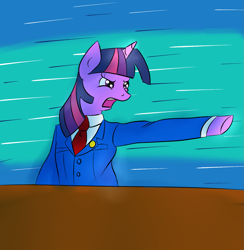 Size: 1399x1432 | Tagged: safe, artist:my-little-brony, imported from derpibooru, twilight sparkle, ace attorney, clothes, crossover, female, necktie, objection, phoenix wright, solo, suit