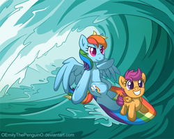 Size: 900x720 | Tagged: safe, artist:oemilythepenguino, artist:oomles, imported from derpibooru, rainbow dash, scootaloo, pegasus, pony, bipedal, duo, duo female, female, filly, foal, gritted teeth, mare, ocean, scootalove, smiling, surfboard, surfing, teeth, water, wave