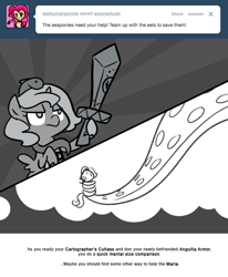 Size: 666x809 | Tagged: safe, artist:egophiliac, imported from derpibooru, princess luna, giant squid, moonstuck, anguilla armor, cartographer's cutlass, female, filly, monochrome, solo, tentacles, thought bubble, woona, younger