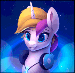 Size: 585x574 | Tagged: safe, artist:rodrigues404, imported from derpibooru, oc, oc only, oc:sprinkles, pony, unicorn, animated, blinking, bust, colored pupils, gif, glowstick, headphones, portrait, shooting star, smiling, solo