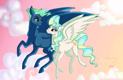 Size: 1024x665 | Tagged: safe, artist:shimmycocopuffssx1, imported from derpibooru, sky stinger, vapor trail, pegasus, pony, blushing, female, flying, male, mare, shipping, stallion, straight, vaporsky