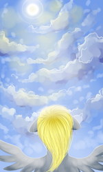 Size: 1275x2125 | Tagged: safe, artist:ghst-qn, imported from derpibooru, derpy hooves, pegasus, pony, cloud, female, floppy ears, flying, sky, solo, spread wings, sun