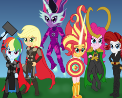Size: 3200x2560 | Tagged: safe, artist:cybersquirrel, imported from derpibooru, applejack, pinkie pie, rainbow dash, rarity, sci-twi, sunset shimmer, twilight sparkle, equestria girls, black widow (marvel), boots, captain america, captain equestria, clothes, daydream shimmer, gloves, halloween, iron man, loki, midnight sparkle, motorcross, shoes, the avengers, thor