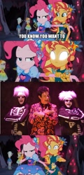 Size: 846x1768 | Tagged: safe, edit, edited screencap, imported from derpibooru, screencap, pinkie pie, sunset shimmer, equestria girls, legend of everfree, legend of everfree - bloopers, david s pumpkins, meme, pinkie's mindspace, saturday night live, screencap comic, snl, sunset sees things, tom hanks