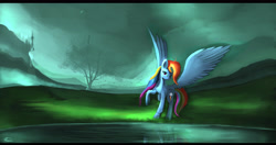 Size: 5041x2664 | Tagged: safe, artist:auroriia, imported from derpibooru, rainbow dash, canterlot, female, large wings, looking at you, scenery, solo, spread wings