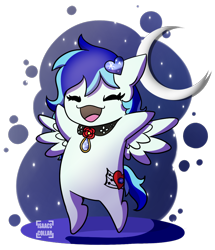 Size: 822x957 | Tagged: safe, artist:isaacs-collar, imported from derpibooru, oc, oc only, oc:sapphire heart song, pegasus, pony, blue hair, bronalysis, chibi, chibi pony, commission, cute, cutie mark, moon, night, solo, stars