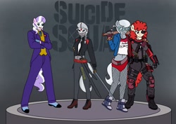 Size: 1754x1240 | Tagged: safe, artist:linedraweer, imported from derpibooru, diamond tiara, silver spoon, twist, oc, oc:star clover, anthro, anthro oc, belly button, clothes, commission, costume, dc comics, deadshot, halloween, harley quinn, katana, midriff, suicide squad, sword, the joker, weapon