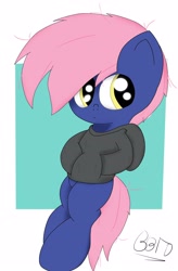 Size: 2120x3226 | Tagged: safe, artist:bronybehindthedoor, imported from derpibooru, oc, oc only, pony, bipedal, clothes, hoodie, shy, signature, solo