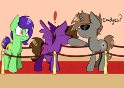 Size: 3037x2160 | Tagged: safe, artist:befishproductions, imported from derpibooru, oc, oc only, oc:order compulsive, pegasus, pony, unicorn, carpet, crystal mountain pony con, exclamation point, red carpet, sunglasses, text