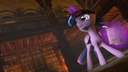 Size: 1920x1080 | Tagged: safe, artist:wiizzie, imported from derpibooru, twilight sparkle, alicorn, pony, 3d, book, female, library, magic, page, shadow, solo, source filmmaker, twilight sparkle (alicorn)