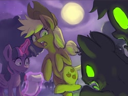 Size: 900x675 | Tagged: safe, artist:grissaecrim, artist:raikoh, imported from derpibooru, applejack, twilight sparkle, alicorn, pony, zombie, glowing eyes, magic, moon, necromancy, now you fucked up, scared, scroll, telekinesis, this will end in tears and/or death, twilight sparkle (alicorn)