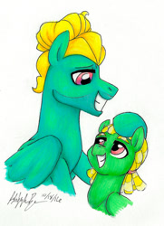 Size: 900x1241 | Tagged: safe, artist:pitterpaint, imported from derpibooru, zephyr breeze, oc, oc:zephyr breeze junior, markers, offspring, parent:tree hugger, parent:zephyr breeze, parents:zephyrhugger, traditional art