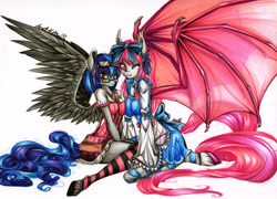 Size: 3300x2380 | Tagged: safe, artist:divinekitten, imported from derpibooru, oc, oc only, oc:blood moon, oc:megabyte, anthro, bat pony, pegasus, unguligrade anthro, anthro oc, clothes, costume, duo, duo female, female, glasses, large wings, smiling, traditional art, unshorn fetlocks