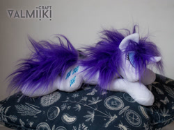 Size: 1600x1200 | Tagged: safe, artist:valmiiki, imported from derpibooru, rarity, eyes closed, irl, lying down, messy mane, photo, pillow, plushie, solo