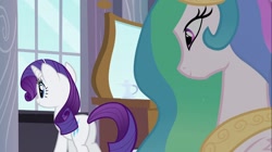Size: 1100x618 | Tagged: safe, imported from derpibooru, screencap, princess celestia, rarity, pony, sweet and elite, butt, eyes on the prize, female, looking at butt, mare, plot