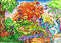 Size: 1024x719 | Tagged: safe, artist:twixyamber, imported from derpibooru, fluttershy, princess celestia, princess luna, alicorn, pegasus, pony, spider, fluttershy's cottage, magic, mouth hold, nightmare night, pumpkin, tongue out, traditional art