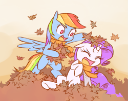 Size: 865x689 | Tagged: safe, artist:raridashdoodles, imported from derpibooru, rainbow dash, rarity, pegasus, pony, unicorn, autumn, bipedal, clothes, cute, dashabetes, eyes closed, female, floppy ears, hoof hold, leaves, lesbian, mare, open mouth, raribetes, raridash, scarf, shipping, smiling, spread wings, wide eyes