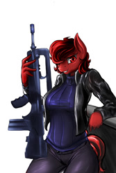 Size: 1000x1500 | Tagged: safe, artist:d-lowell, imported from derpibooru, oc, oc only, oc:scarlet, oc:scarvet velvet, anthro, earth pony, assault rifle, famas, female, gun, pose, red eyes, red hair, rifle, solo, weapon